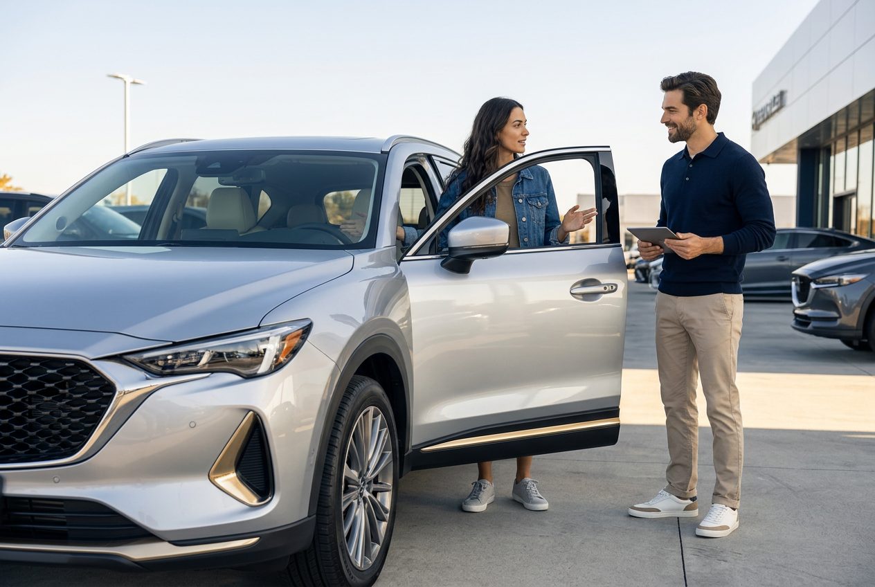 Car buyer and consultant beside a vehicle at a dealership