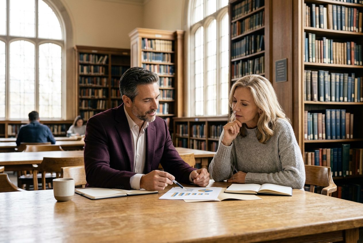 Financial advisor with a client in a library