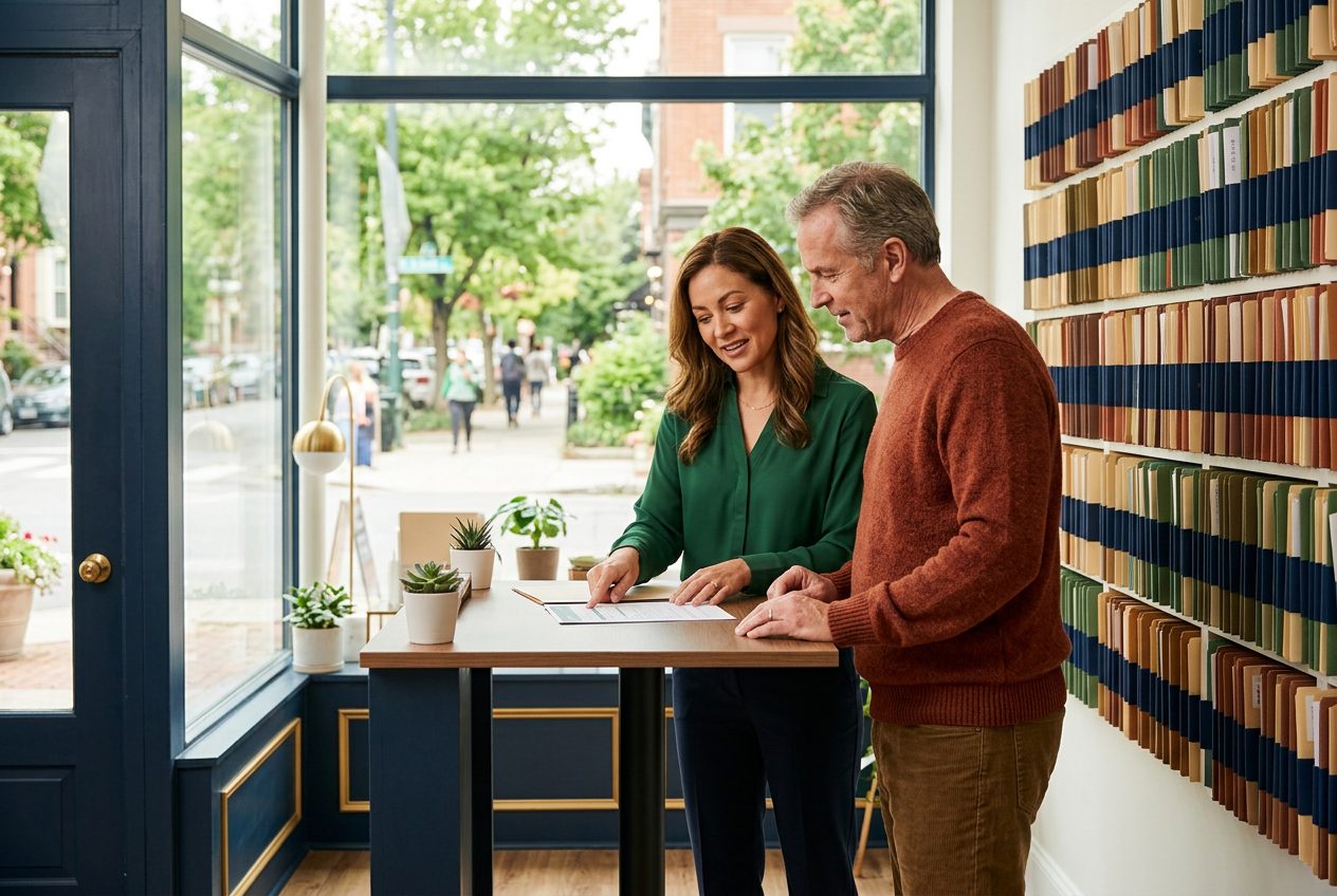 Insurance advisor with a client in a neighborhood office
