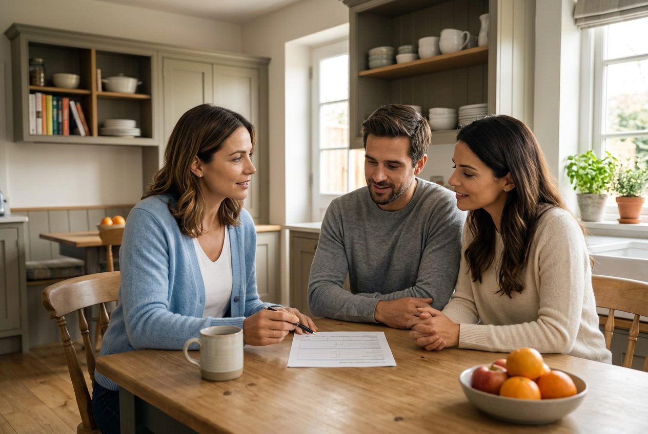 Mortgage advisor with homebuyers at a kitchen table