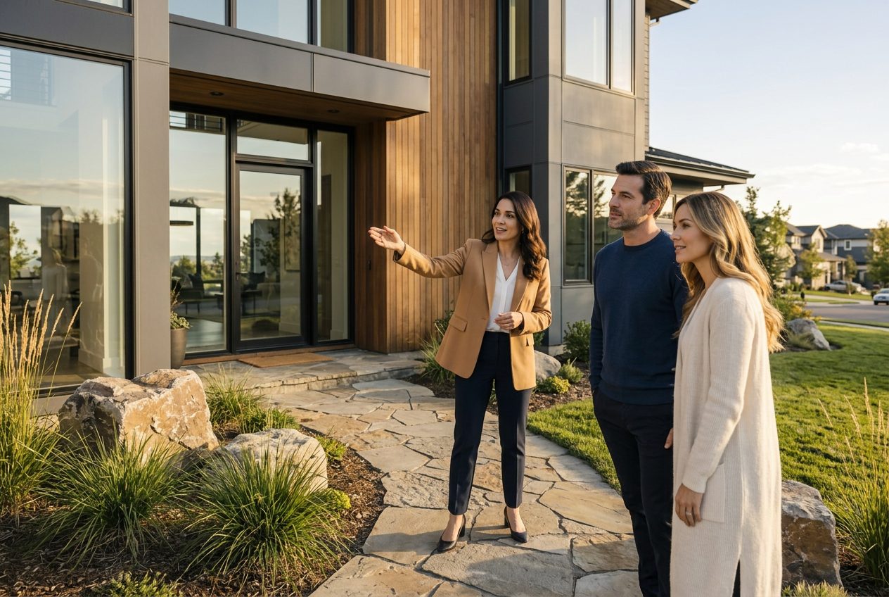 Agent speaking with homeowners outside a contemporary house