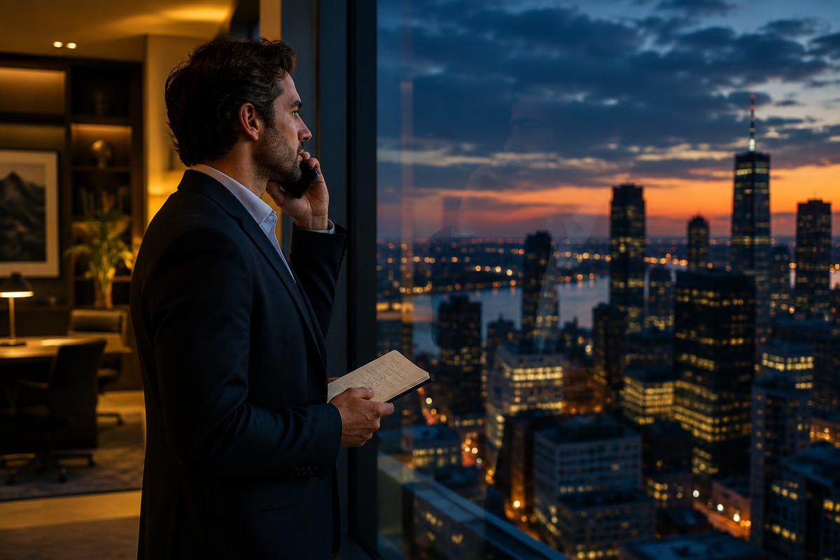 A professional making a calm evening follow-up call by a city window